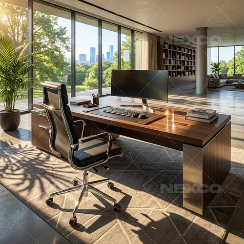 Leather cushioned desk - desk, chair